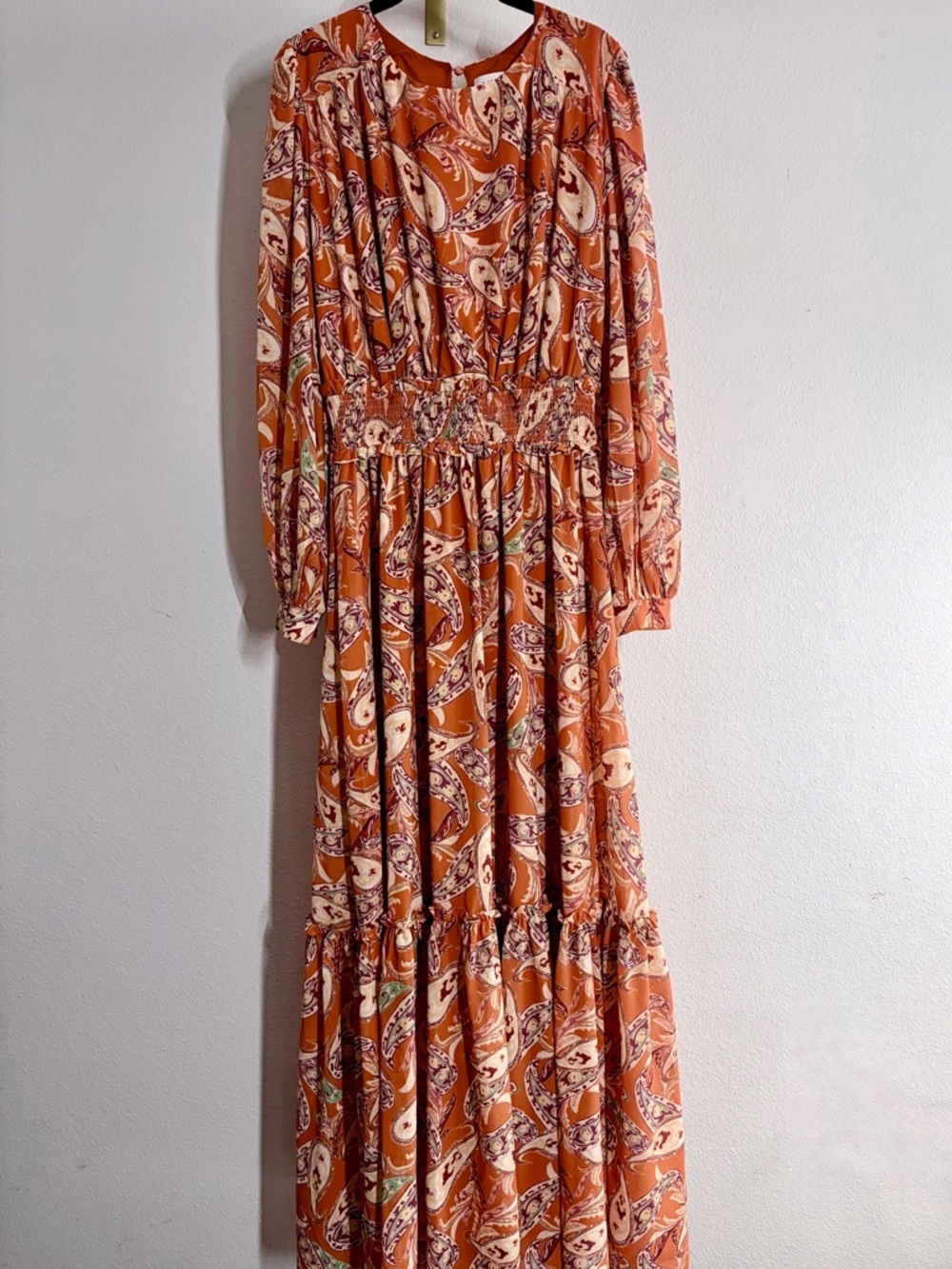 Böhme Orange Paisley Long Sleeve Maxi Dress - Smocked Waist - Size M